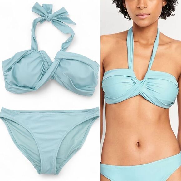 NEW Old Navy Ceramic Blue Bikini Set Size Medium Twist Knot Halter Top & Bottoms - Picture 1 of 16
